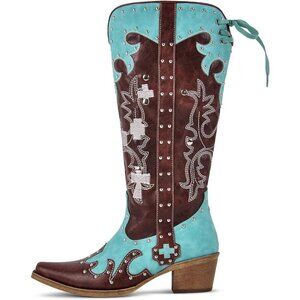Women's Brown Embroidered Knee High Studded Two-Tone Pathwork Cowboy Boots